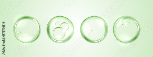Clear green water drops and cosmetic serum bubbles isolated on light background. Realistic liquid graphic for skincare hydration, hyaluronic acid anti-aging beauty product and medical design banner.