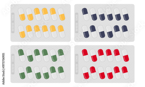 Minimalist medicine capsule blister pack vector set. Blister packs isolated on a transparent background for pharmaceutical mockups, healthcare infographics, medical app interfaces