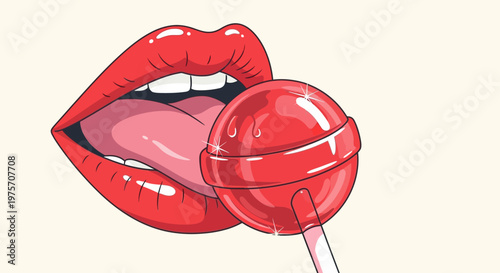 Red lips with an open mouth and a tongue licking a shiny red lollipop, cartoon style illustration.