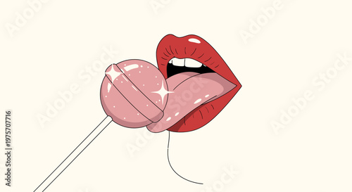 Stylized illustration of red lips with an open mouth licking a shiny pink lollipop with a visible tongue.