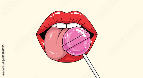A cartoon illustration of red lips with a pink lollipop and a tongue licking it.