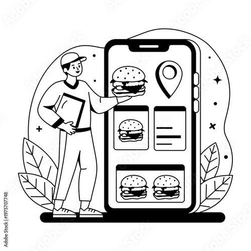 A glyph style illustration showing online food