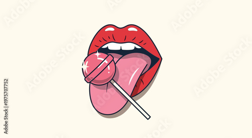 A cartoon illustration of red lips and a pink tongue licking a lollipop on a light background.
