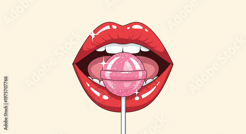 A vibrant illustration of glossy red lips holding a sparkling pink lollipop, with a playful and sweet aesthetic.