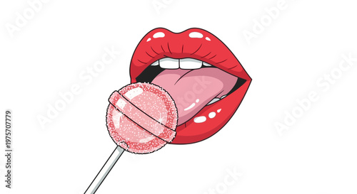 Vibrant illustration of red lips with an open mouth and a tongue licking a sweet pink lollipop against a white background.