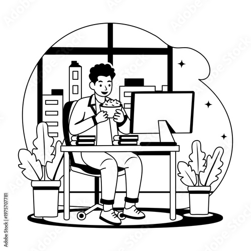 A glyph style illustration showing snacking