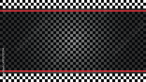 Checkered racing background with gradient grid center, motorsport flag pattern and red stripe borders, dark race track backdrop for sports posters, event banners, automotive advertising layout eps10