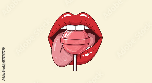 Red lips with a tongue licking a pink lollipop, cartoon style illustration on a light background.