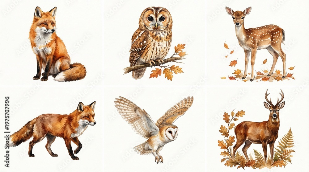 Obraz premium Watercolor woodland animals collection, hand painted forest wildlife set with fox, owl, and deer, rustic autumn nature illustrations on white background