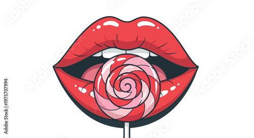 Red lips holding a pink and red swirl lollipop in a graphic art style.