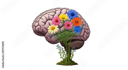 Blooming mind a brain filled with vibrant flowers and lush greenery