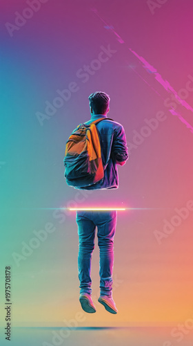 Surreal Synthwave Retro Future Cyberpunk lofi Aesthetic floating backpack behind teen