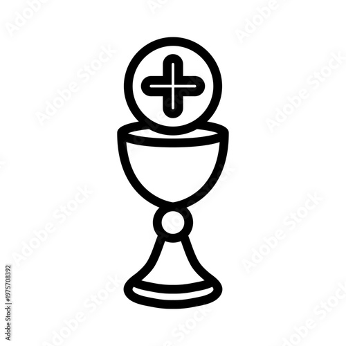 Símbolos religiosos católicos. Logotipo con dibujo minimalista con líneas de un cáliz de comunión con una hostia