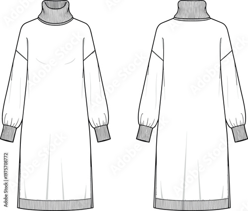 Flat Technical Fashion Sketch of an Oversized Turtle Neck Knit Midi Dress with Drop Shoulders and Ribbed Cuffs for Women.