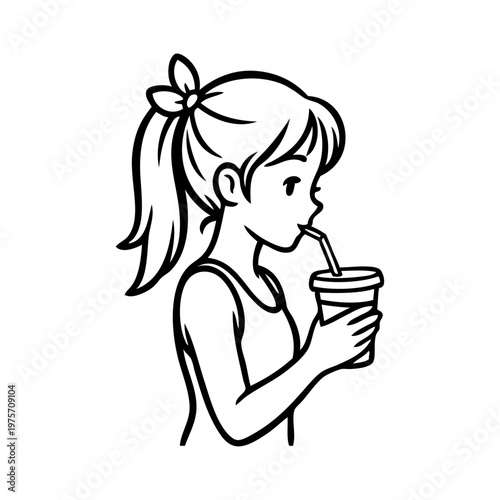 Dibujo sencillo con líneas de una chica joven bebiendo de un vaso de papel con una pajita, sujetándolo con las dos manos
