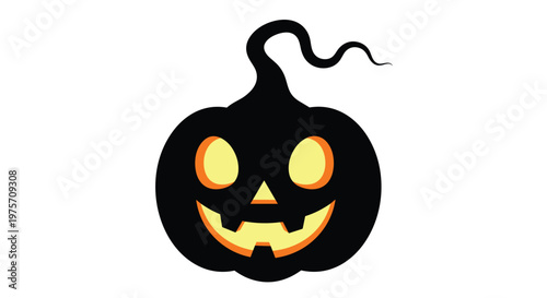 Spooky Halloween jack-o-lantern silhouette with glowing yellow eyes, nose, and a wide smile on a stark white background illustration.