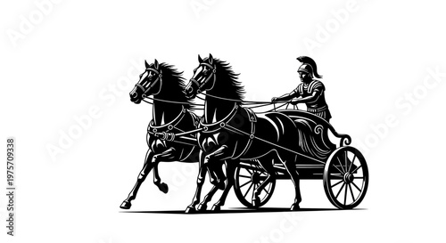 Ancient Roman chariot vector illustration, black silhouette of gladiator driving horse carriage, vintage Greek warrior on war chariot, historical racing scene