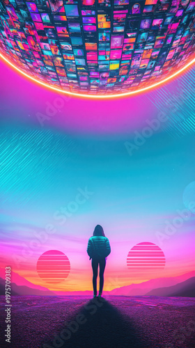 Surreal Synthwave Retro Future Cyberpunk lofi Aesthetic teen girl watching infinite scrolling sky