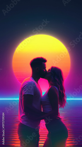 Synthwave, Retro Future, Cyberpunk Aesthetic couple kissing under neon sunset scence