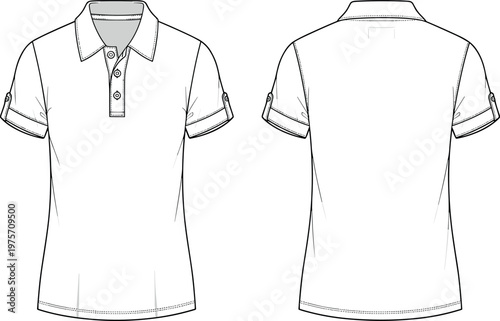 Technical Fashion Flat Sketch of a Short Sleeve Polo Shirt for Women with Buttoned Sleeve Tabs and Three Button Placket.