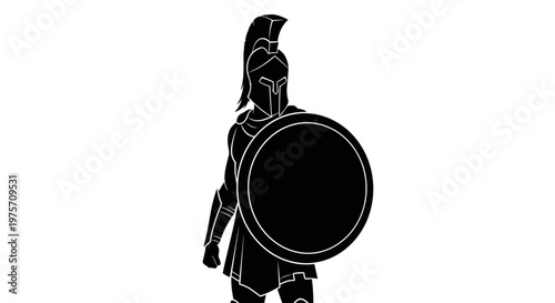 Ancient Spartan warrior silhouette, Greek gladiator with helmet and round shield, black and white heroic soldier vector illustration
