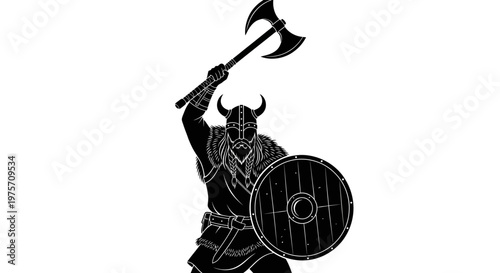 Viking warrior silhouette with battle axe and shield, Norse barbarian fighter in horned helmet, ancient scandinavian soldier vector illustration