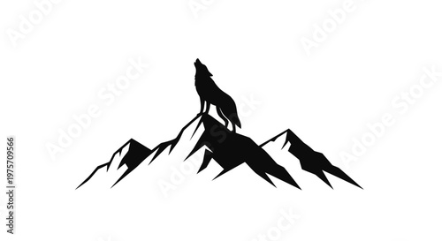 Minimalist howling wolf silhouette on mountain peak, black and white wild animal vector, wilderness nature logo icon for outdoor branding