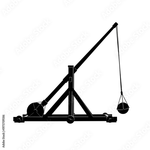 Medieval trebuchet silhouette vector, ancient siege engine weapon icon, black catapult machinery on white background, historical war equipment