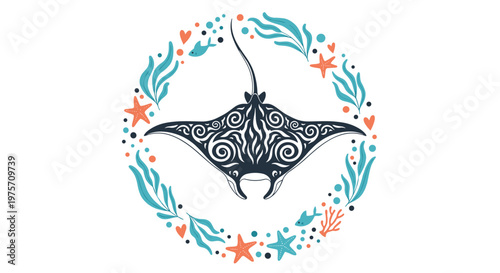 Intricately patterned manta ray centered within a decorative underwater wreath of seaweed, starfish, and tiny ocean fish in a cool palette.