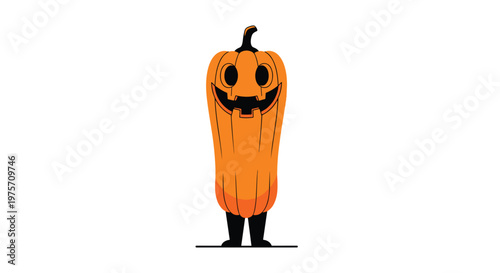 Quirky and minimalist illustration of an elongated orange pumpkin with a simple black face standing on two small legs against white.