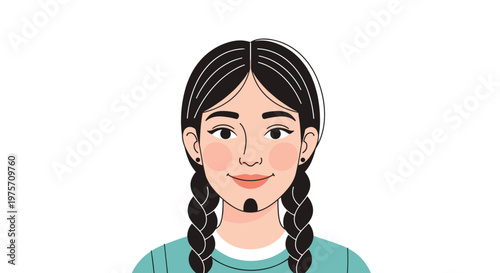 Close up portrait of a young girl with dark hair styled in two long braids wearing a teal shirt against a clean white background.