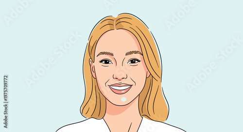 Realistic digital illustration of a cheerful blonde woman with a warm smile and blue background reflecting a positive and friendly vibe.