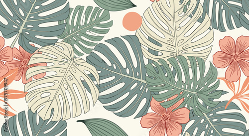 Lush seamless pattern featuring large tropical monstera leaves and pink hibiscus flowers in a soft and muted vintage color palette.