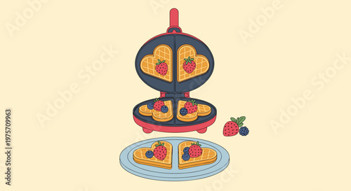 Charming scene of heart shaped waffles topped with strawberries and blueberries being made in a red waffle maker for a sweet breakfast.
