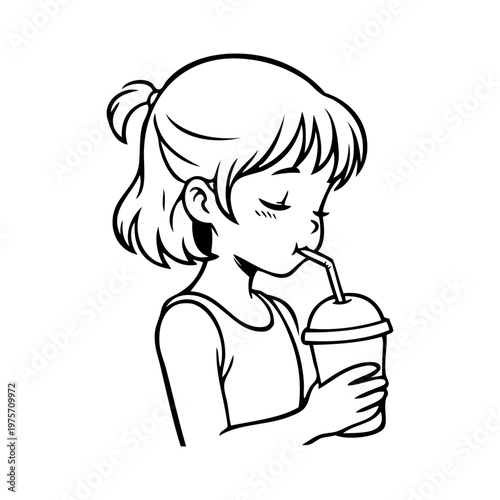 Dibujo sencillo con líneas de una chica joven bebiendo de un vaso de papel con una pajita, sujetándolo con una mano 