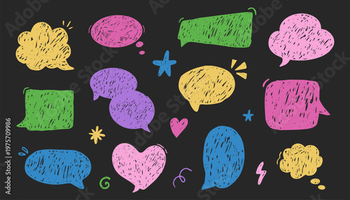 Crayon Speech Bubbles comic scribble talk balloon in sketch style, grunge texture pencil naive doodle conversation message icon