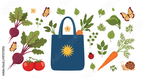 Bountiful selection of garden vegetables like beets, carrots, and tomatoes surrounding a blue reusable tote bag with a sun emblem.