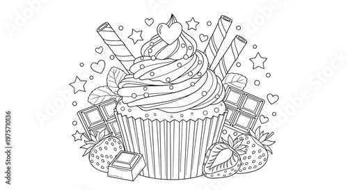 Elaborate black and white line art of a cupcake with chocolate, strawberries, and mint leaves, perfect for a relaxing coloring activity.