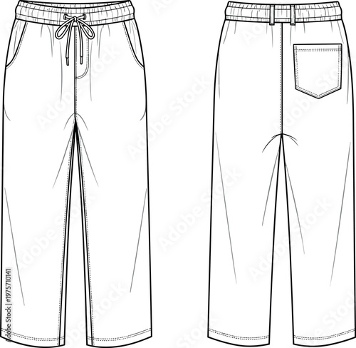 Technical Flat Sketch of Men's Wide Leg Drawstring Lounge Pants with Elastic Waistband and Back Patch Pocket for Fashion Design