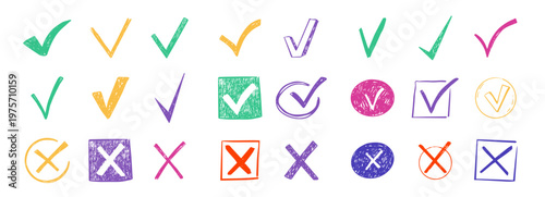 Check mark crayon scribble doodle, chalk texture, checkmark and red cross icon set, circle and square. Tick symbol. sketch checkboxes.