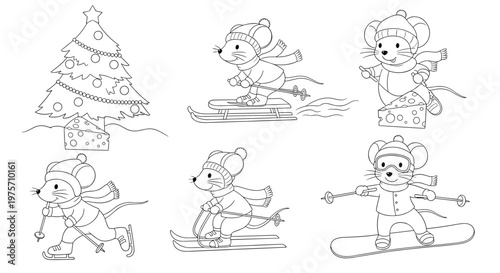 Multiple scenes of cute mice dressed in winter gear enjoying activities like skiing, skating, and snowboarding in a coloring page format.