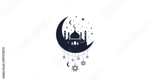 Elegant silhouette of a mosque perched on a crescent moon surrounded by stars and hanging lanterns in a spiritual and decorative theme.