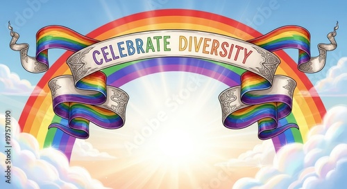 Rainbow gate with 'celebrate diversity' banner a symbol of inclusion and hope