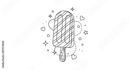 Whimsical line art drawing of a striped popsicle surrounded by floating hearts and stars on a plain white background for kids coloring.