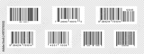 Set of barcode samples with stripes and numbers. Bar code labels isolated on transparent background. Visual presentation of digital ID data with product information. Vector graphic illustration