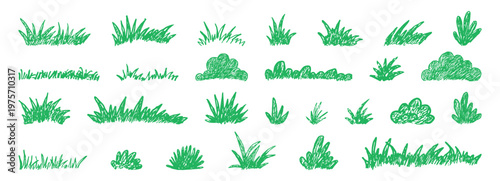 Green lawn grass with crayon or chalk texture childlike drawing. Bushes and shrubbery set pencil sketched scribble foliage elements