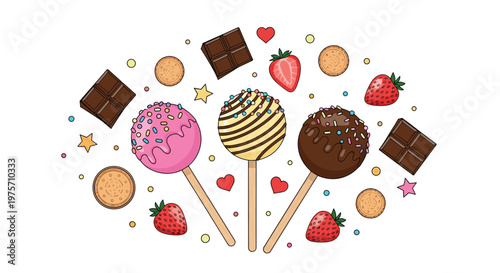 Colorful illustration of three gourmet cake pops decorated with sprinkles and surrounded by chocolate bars and strawberries for a party.