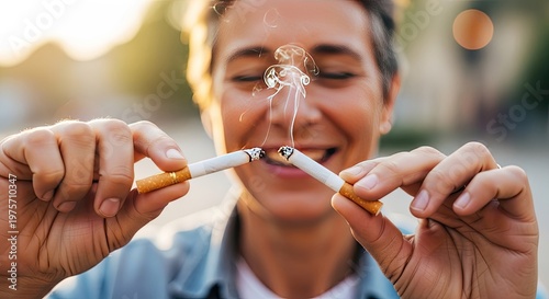 Woman breaking cigarettes in half with a playful and determined expression