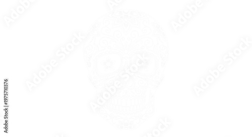 Detailed and faint line art illustration of a decorated sugar skull for the Mexican day of the dead festival or Halloween decorations.