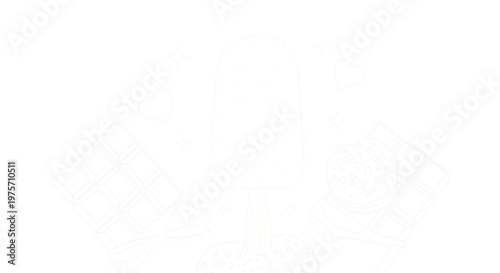 Faint line art drawing of a popsicle accompanied by chocolate bars and floating hearts on a white background for summer food themes.